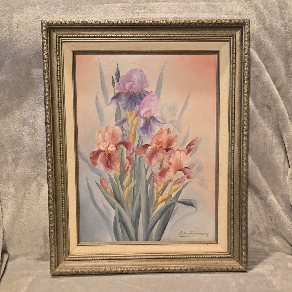Vintage Ben Harmony Signed Original Oil Painting 1991 Iris Floral Framed Art 90s